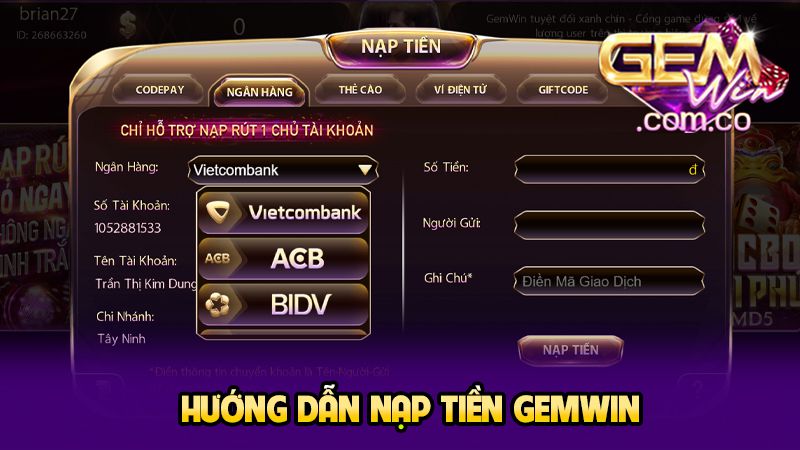 Hướng dẫn nạp tiền GEMWIN